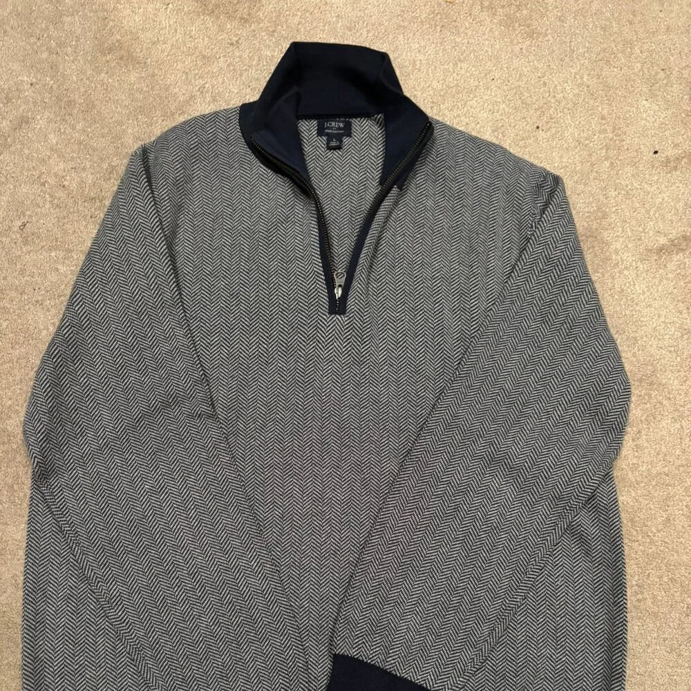 J .Crew Blue And Grey  Herringbone 1/4 Zip Pullover Long Sleeve Sweater For Men